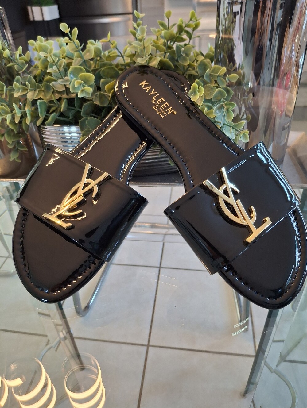 Black Patent Slide Sandals with Gold Accent